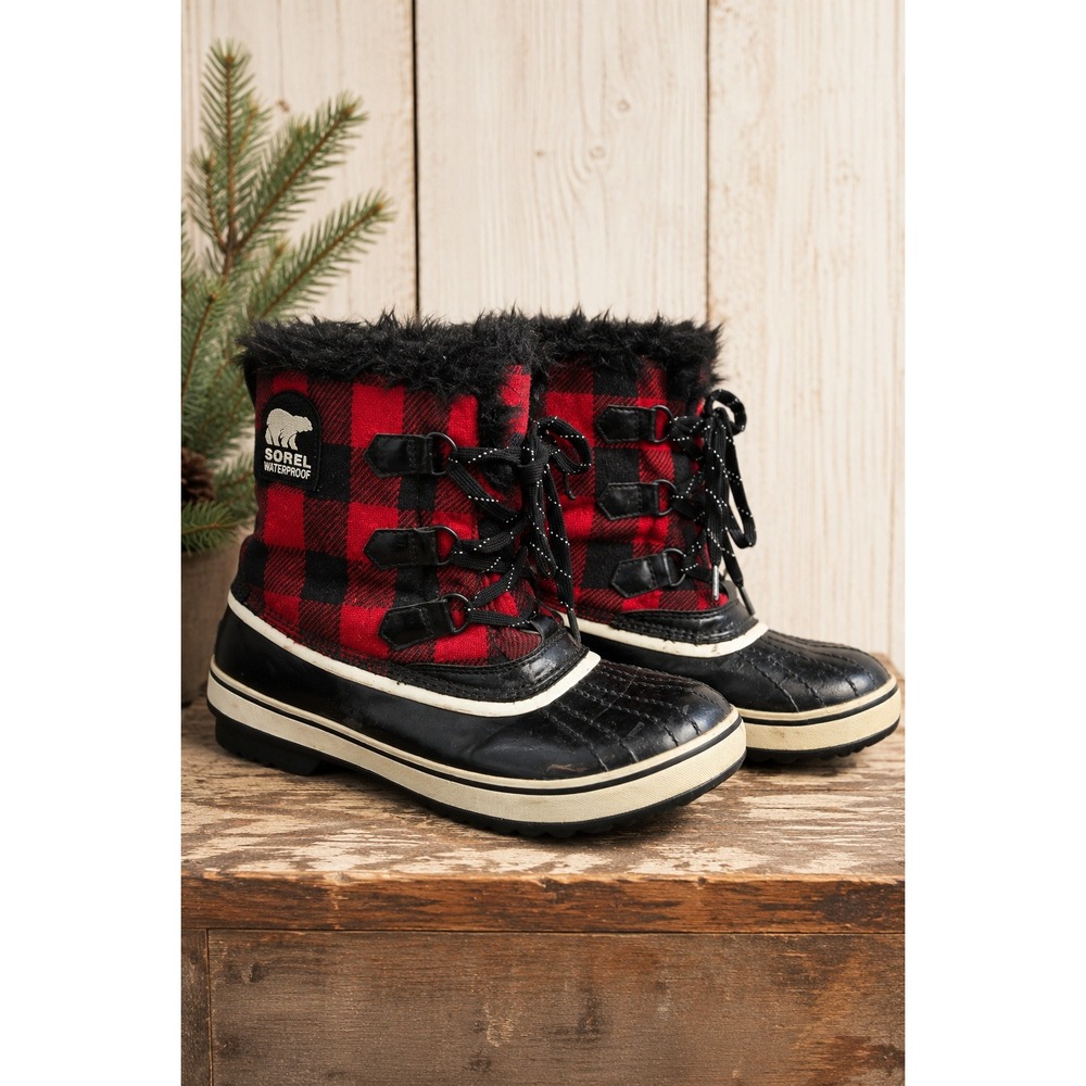 Sorel Torino Waterproof Winter Boots Red Black Buffalo Plaid Faux Fur Womens 8.5